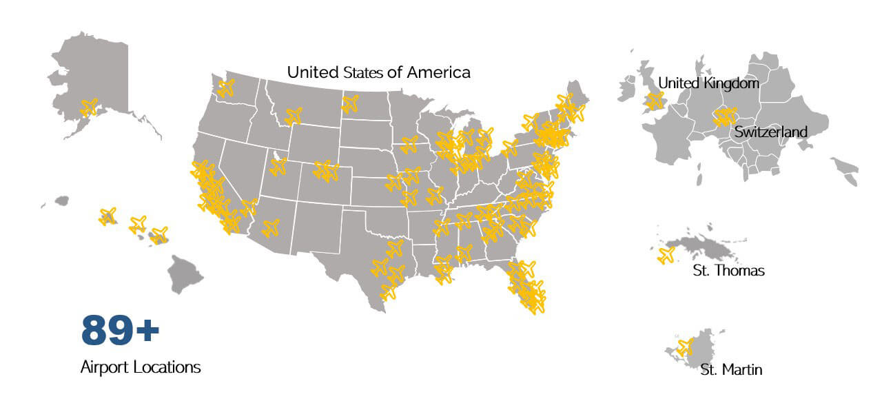 map of US marked with KMI aviation projects