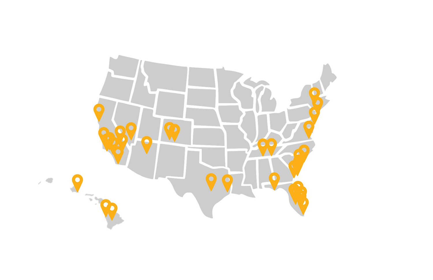 map pinpointing hospitality projects in the USA